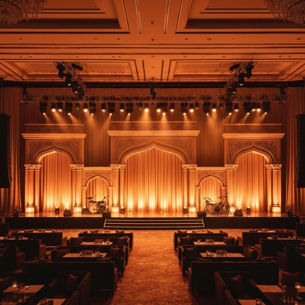 Elegant event venue with dramatic stage lighting